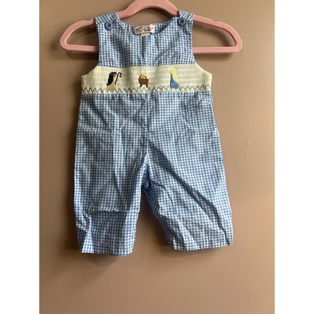 Smocked Nativity Scene Blue Gingham Long-all Jonjon Baby Toddler Size 0-6 Months